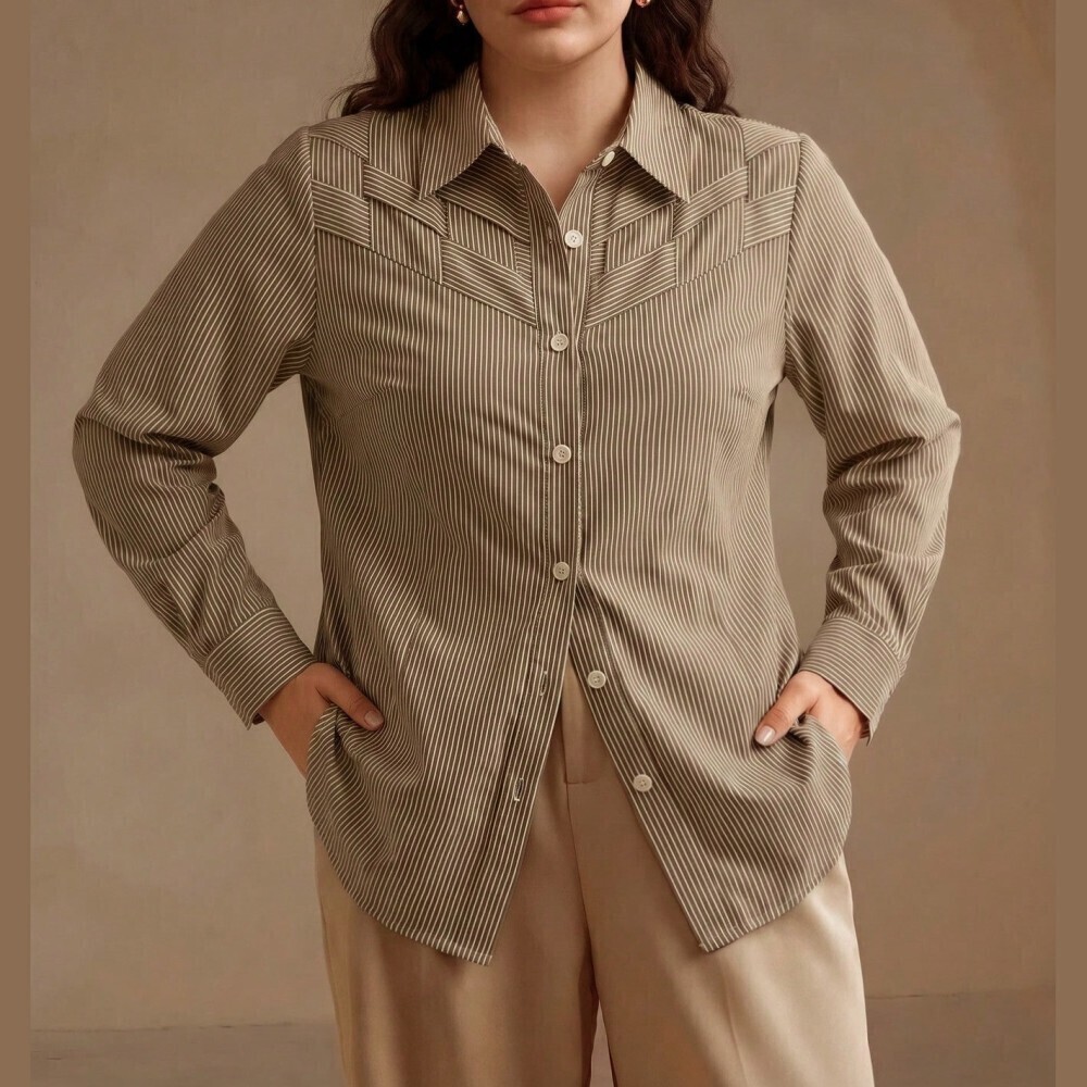 Brown Pinstripe Chevron Woven Yoke Button Front Collared Shirt